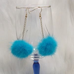 Turquoise Genuine Rabbit Fur Pom Earrings